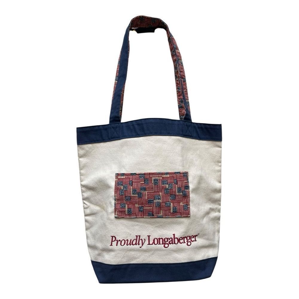 Vintage Longaberger Canvas Tote Bag - Cream and Navy American Flag Grandma 90s